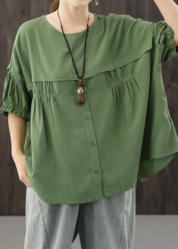 Green O-neck Patchwork Button Wrinkled Fall Half Sleeve Top