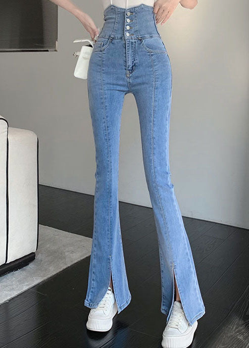 Blue High Waisted Shoulder Strap Denim Flared Pants Summer