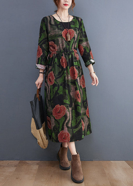 Green O-neck Print Cotton Long Dress Long Sleeve