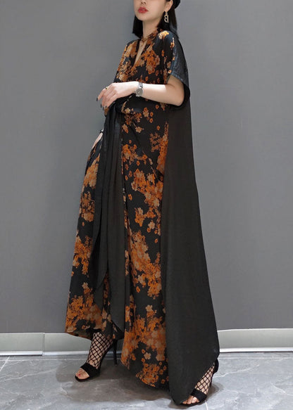 Yellow Tie Waist Print Silk Long Dress Spring