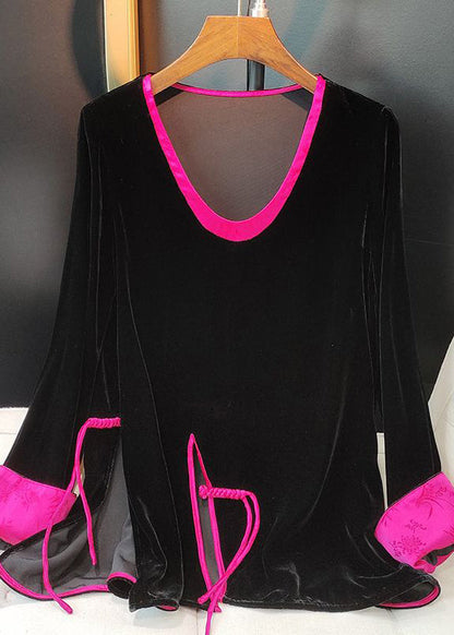 Black O-neck Patchwork Side Open Silk Velour Shirts Long Sleeve
