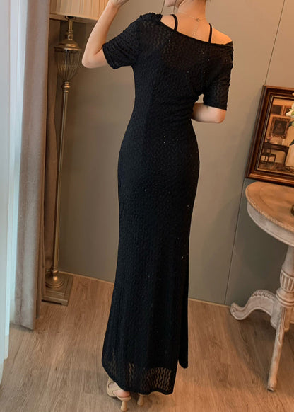Black Slash Neck Silm Fit Long Dress Summer