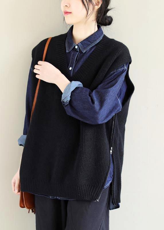 Oversized Black Knitted Clothes V Neck Sleeveless Oversized Sweaters