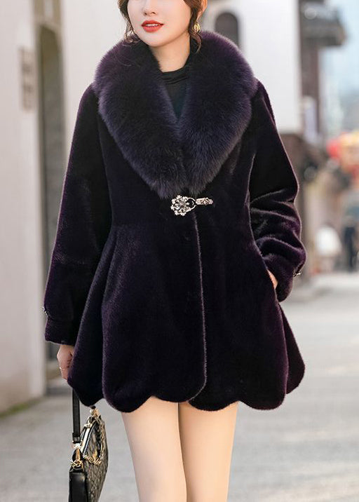 Dull Purple Fur Collar Warm Mink Velvet Coat Winter