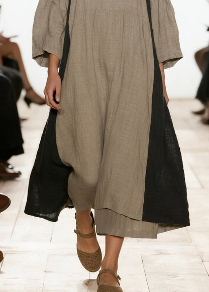 Grey Oversized Patchwork Linen Vacation Dresses Bracelet Sleeve