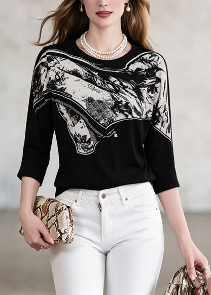 Black O-neck Print Knit Tops Three Quarter Sleeve