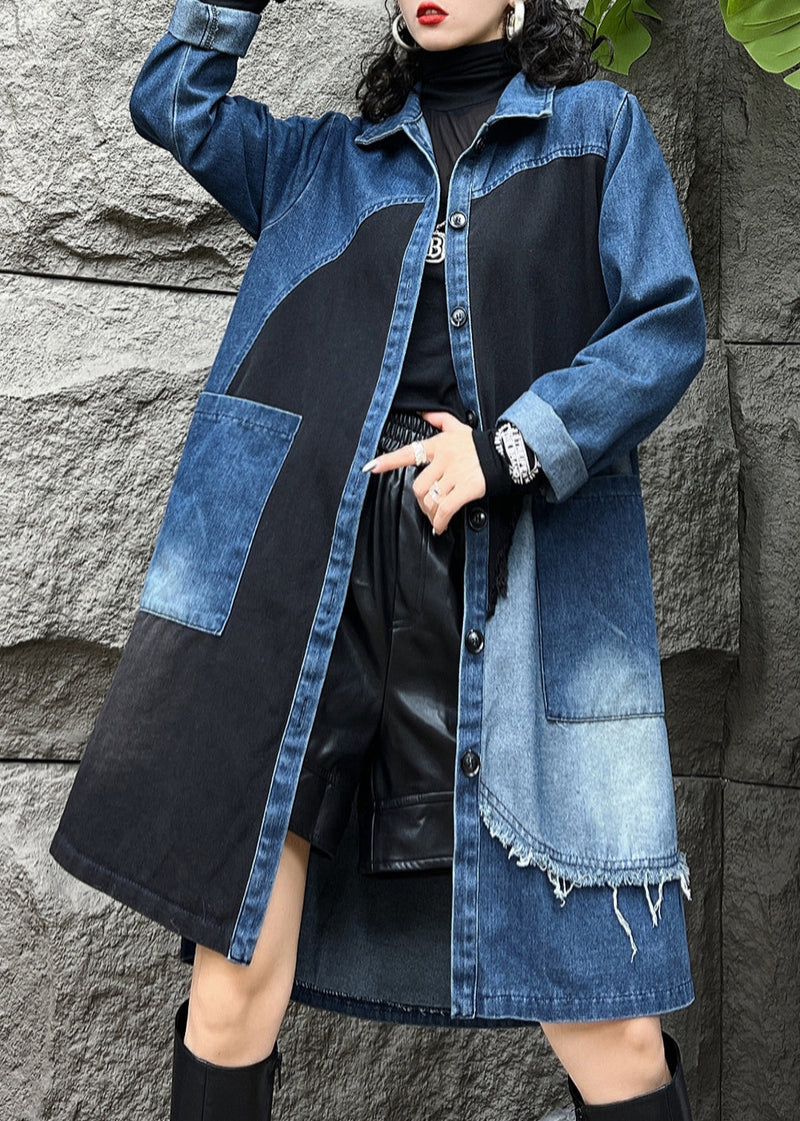 Blue Peter Pan Collar Button Pockets Denim Long Trench Coats Fall