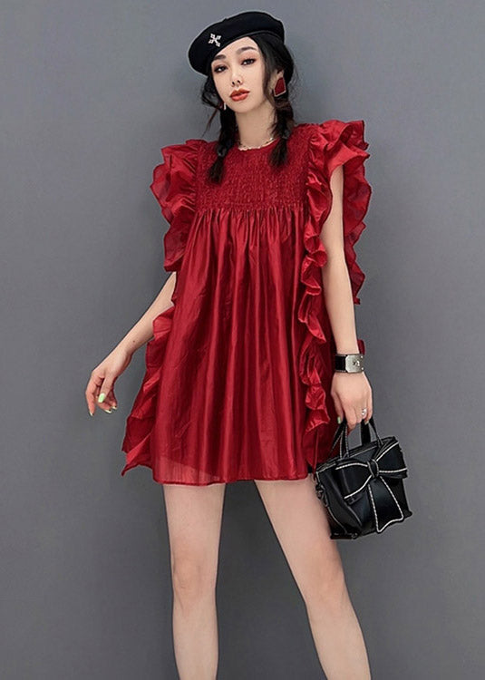 Red O-neck Ruffles Wrinkled Chiffon Dress Short Sleeve