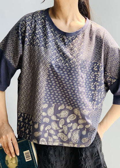 Navy O-neck Patchwork Print Cotton Tanks Half Sleeve