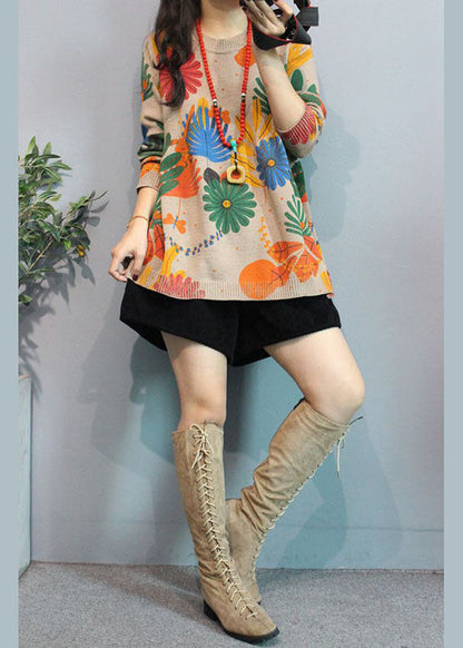 Apricot O-neck Print Fall Knit Cardigans
