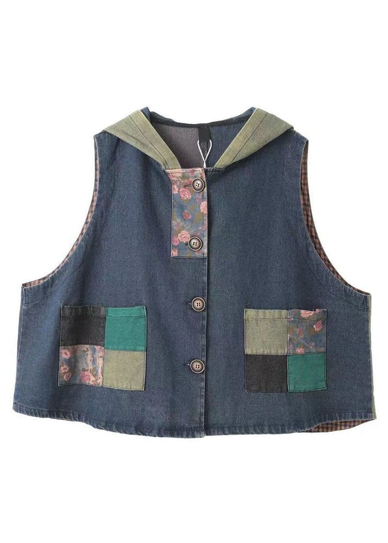 Blue Print Pockets Patchwork Denim Hoodies Vest Fall