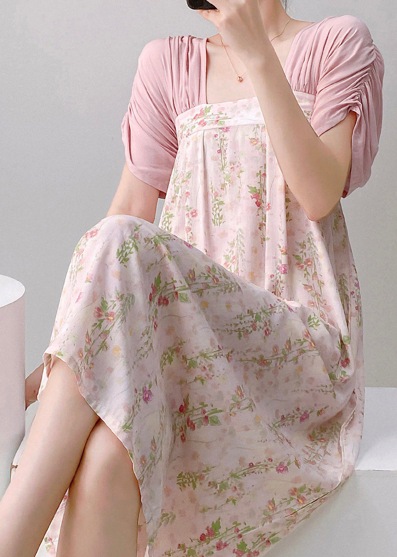 Natural Light Blue Print Patchwork Maxi Dresses Pajama Summer