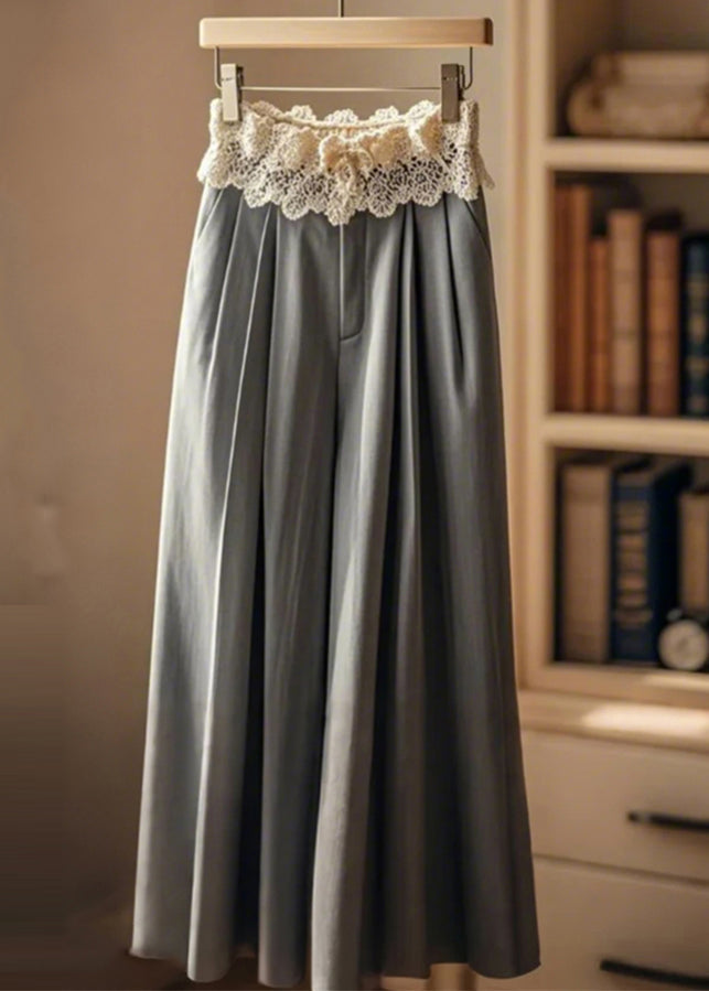 Grey Wrinkled Patchwork Lace Wide Leg Pants Fall