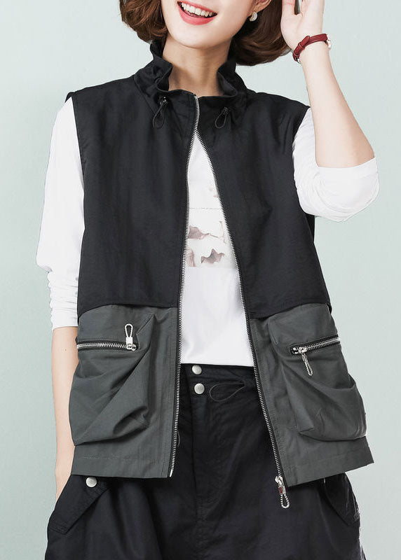 Black Stand Collar Patchwork Drawstring Cotton Vest Spring