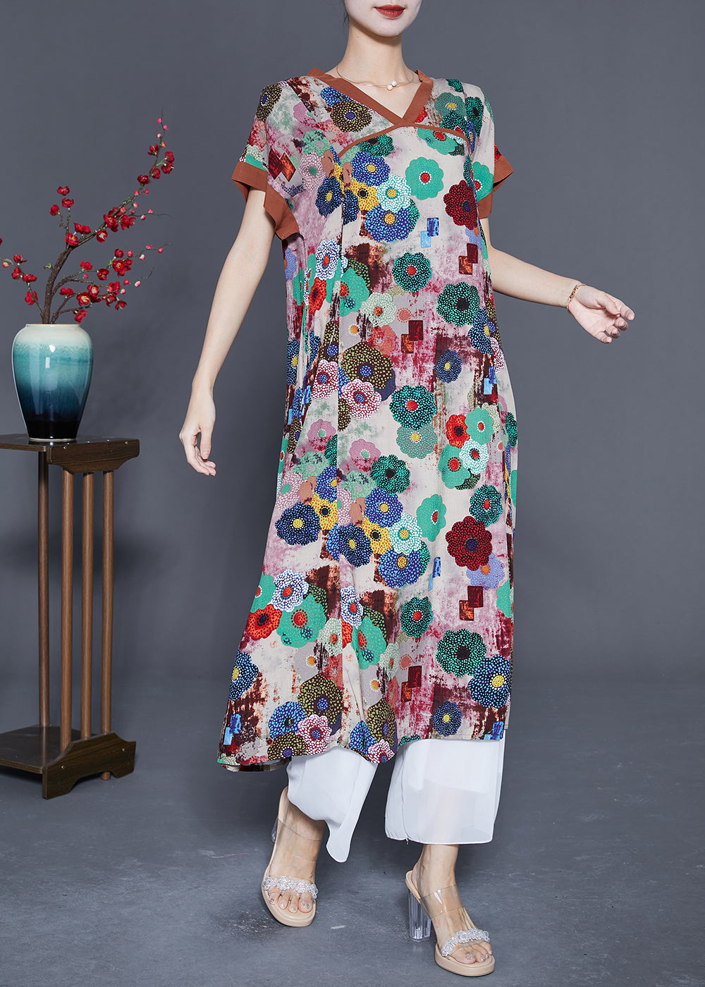 Khaki Print Cotton Long Dress O-neck Summer