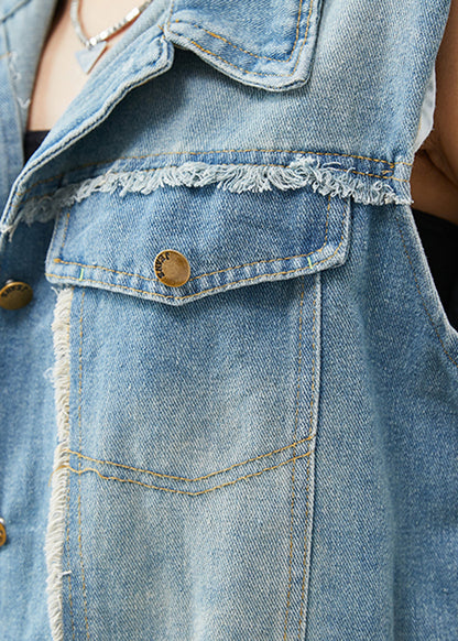 Denim Blue Tasseled Cotton Vests Fall