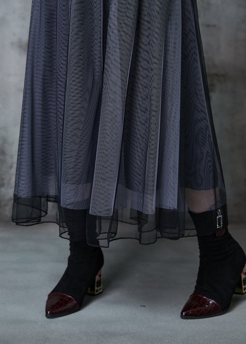 Grey Exra Large Hem Patchwork Tulle Pleated Skirt Spring