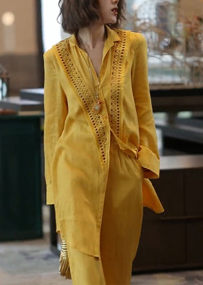 Unique Yellow Hollow Out Linen Sets 2 Pieces Fall