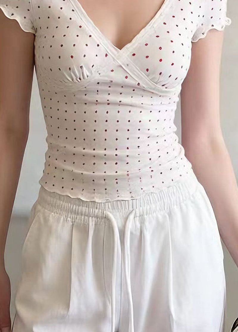 Beige V Neck Print Lace Patchwork Cotton T Shirt Summer