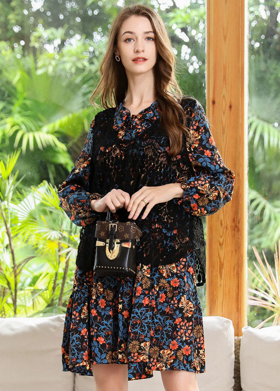 Style Black V Neck Print Chiffon Shirt Dress and Vest Two Piece Set Spring