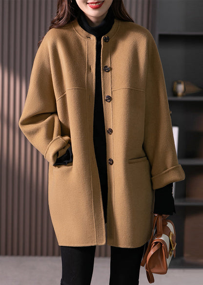 Camel O Neck Pockets Button Patchwork Wool Coats Fall