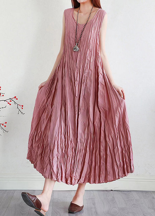 Pink Silk Linen Long Dress O Neck Summer