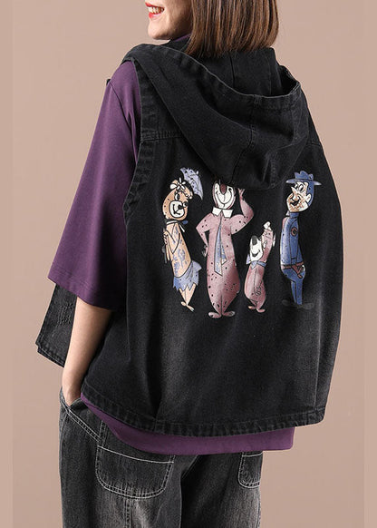 Fitted Blue Hooded Pockets Print Fall Tops Waistcoat