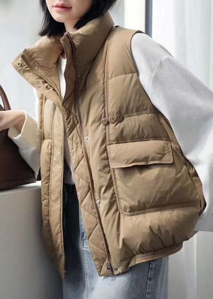 Orange Stand Collar Zip Up Pockets Duck Down Vest Winter