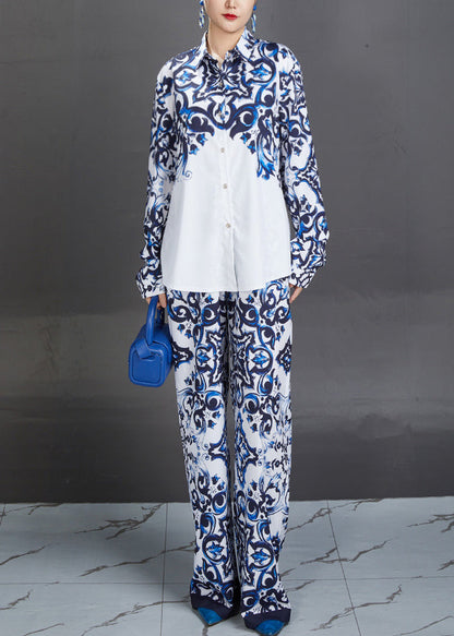 Modern Blue Peter Pan Collar Print Shirts and Straight Pants Two Piece Suit Set Fall