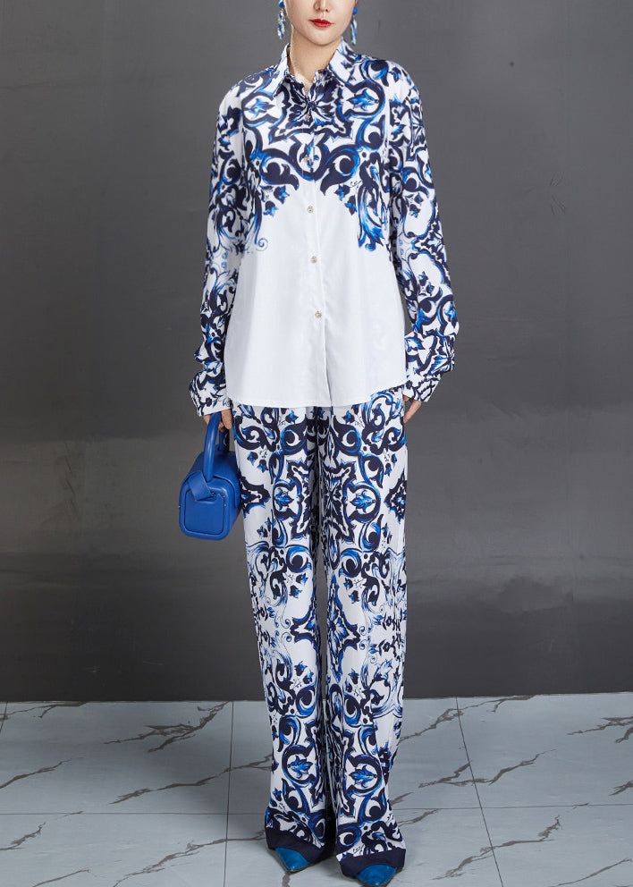Modern Blue Peter Pan Collar Print Shirts and Straight Pants Two Piece Suit Set Fall