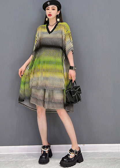 Yellow V Neck Striped Print Cotton Tanks and Shorts Two-piece Set Summer