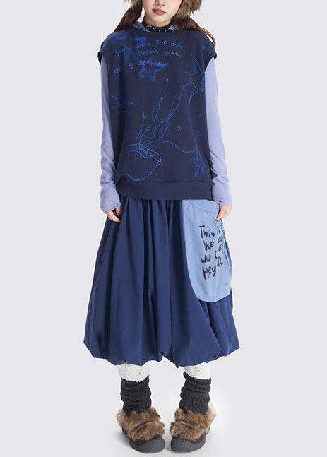 Art Navy Exra Large Hem Patchwork Pocket Cotton Skirts Spring