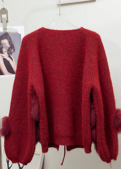 Lantern Red V Neck Tie Waist Mink Hair Knitted Cardigan Long Sleeve