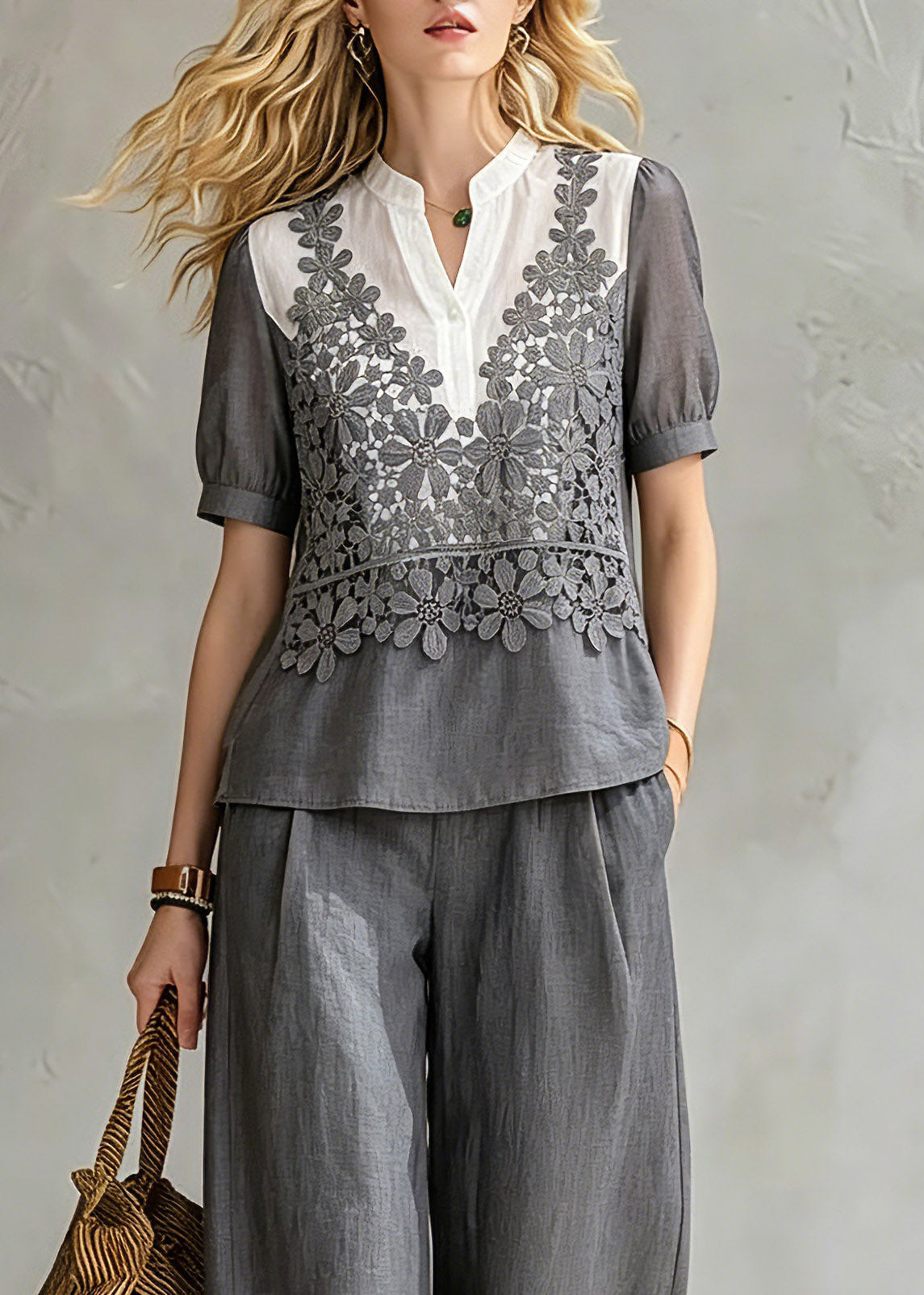 Loose Grey Stand Collar Shirt and Wide Leg Pants Two Pieces Set Summer