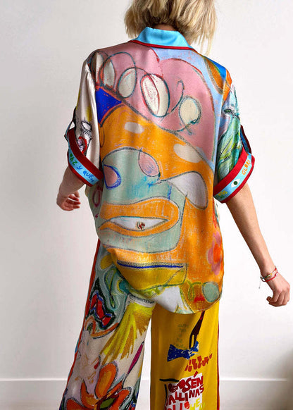 Peter Pan Collar Print Ice Silk Two Piece Set Summer