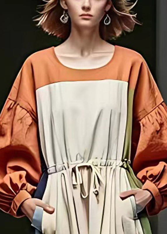 Colorblock Cinched Patchwork Cotton Vacation Dresses Puff Sleeve