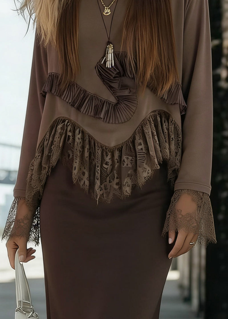 Coffee O-neck Lace Patchwork Tops Flare Sleeve