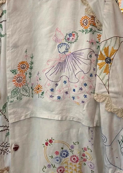 Handmade Blue Polka Dots Embroidered Patchwork Cotton Blouse Tops Fall