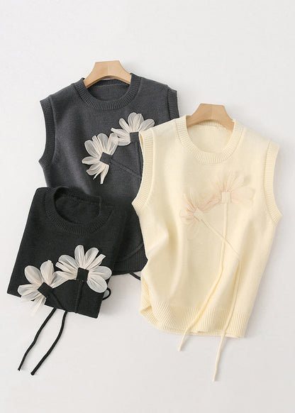 Stylish Black O Neck Patchwork Knit Vest Tops Sleeveless