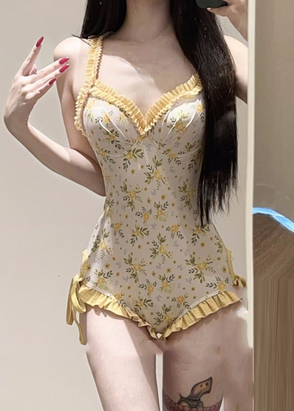 Yellow Print Smock and Bodysuit Lingerie Set
