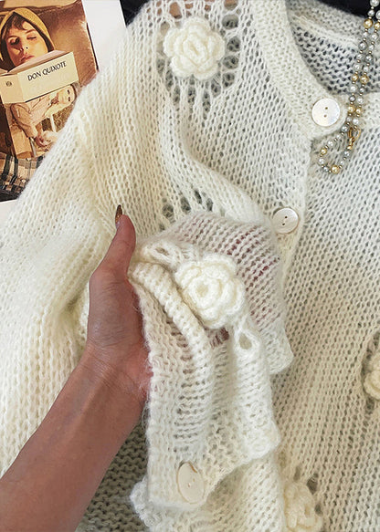 White Hollow Out Decorated Knit Cardigans Fall