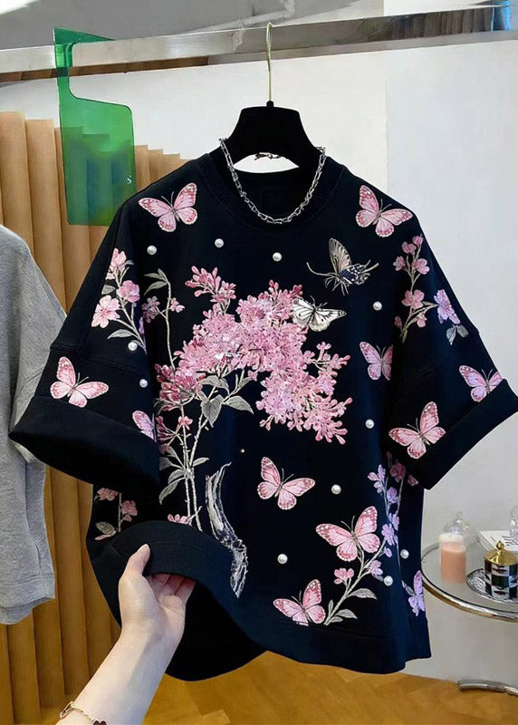 Handmade Black O-neck Print Tops Short Sleeve Summer
