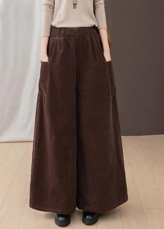 New Brown Pockets Corduroy Warm Fleece Wide Leg Pants Winter