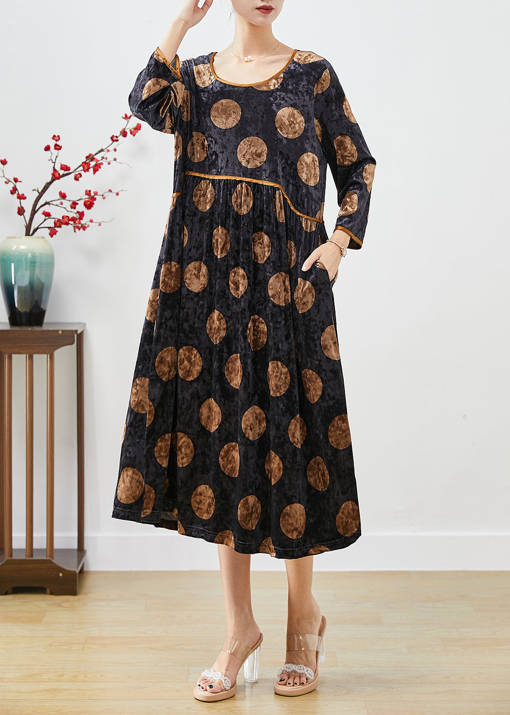 Black Oversized Print Silk Velour Long Dress Fall