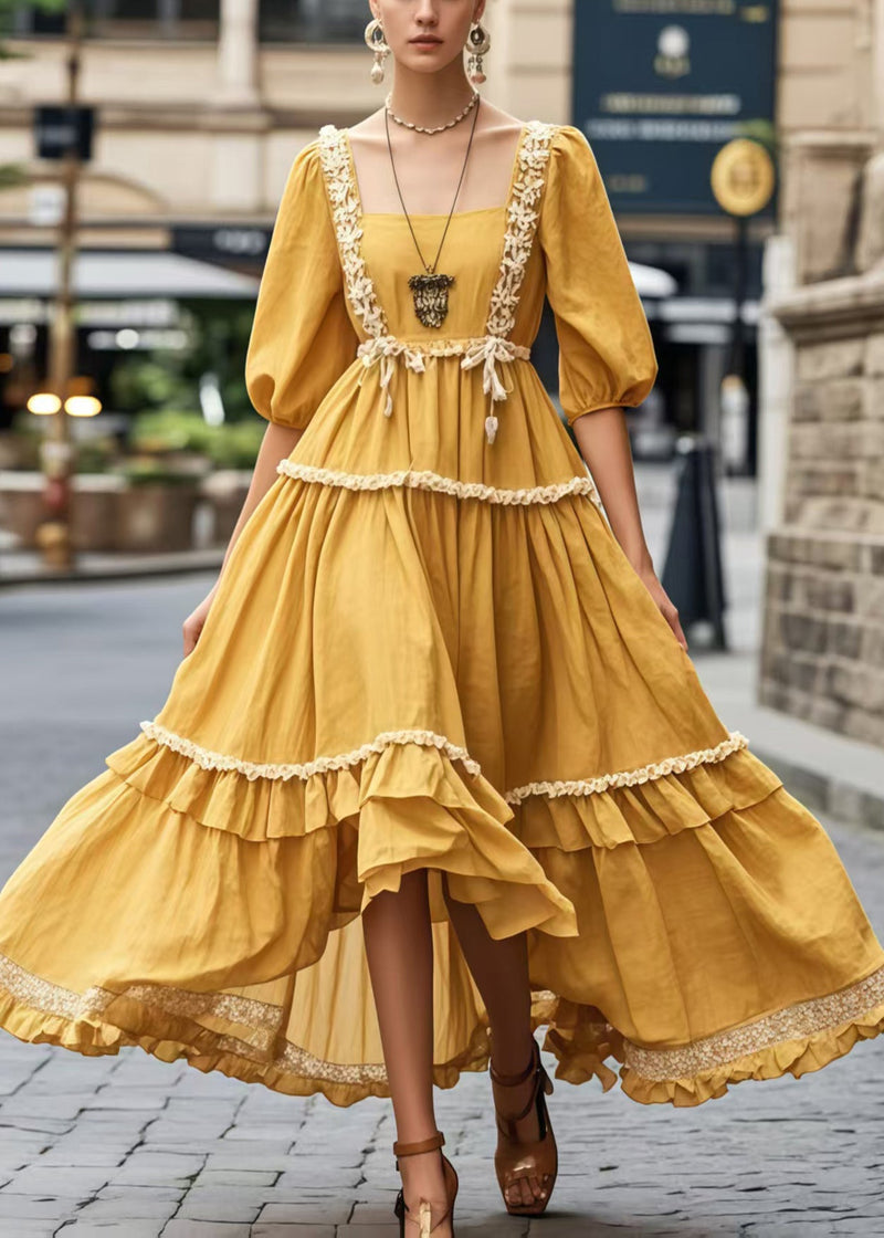 Natural Yellow Square Collar Exra Large Hem Holiday Dress Half Sleeve