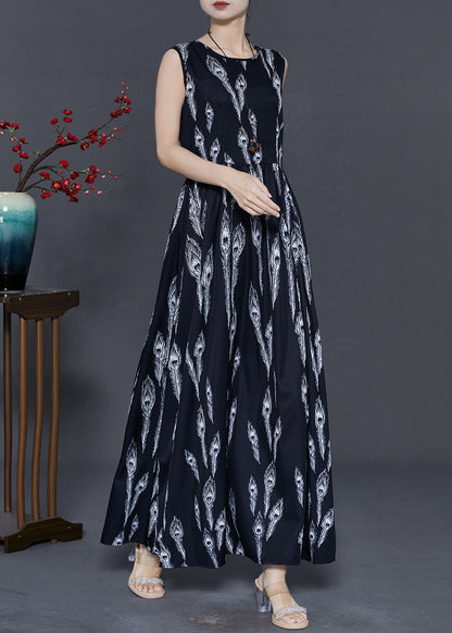 Black Feather Print Chiffon Holiday Dress Summer