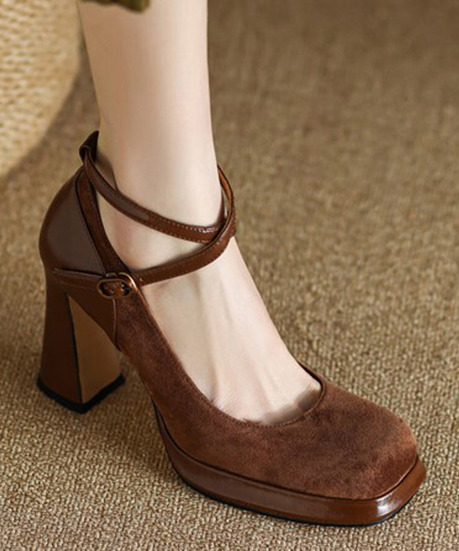 Brown High Heels Suede Cross Strap Splicing