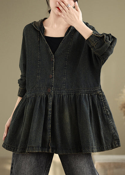 Black V Neck Wrinkled Pockets Hooded Denim Coats Fall