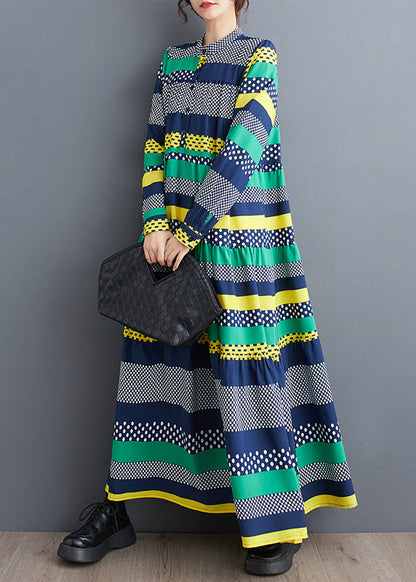 Green Stand Collar Print Patchwork Chiffon Dress Long Sleeve
