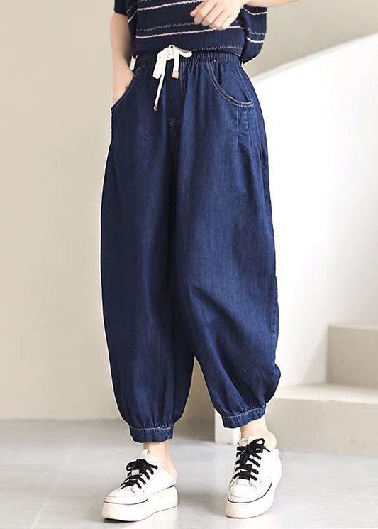 Navy Elastic Waist Drawstring Pockets Cotton Denim Beam Pants Summer